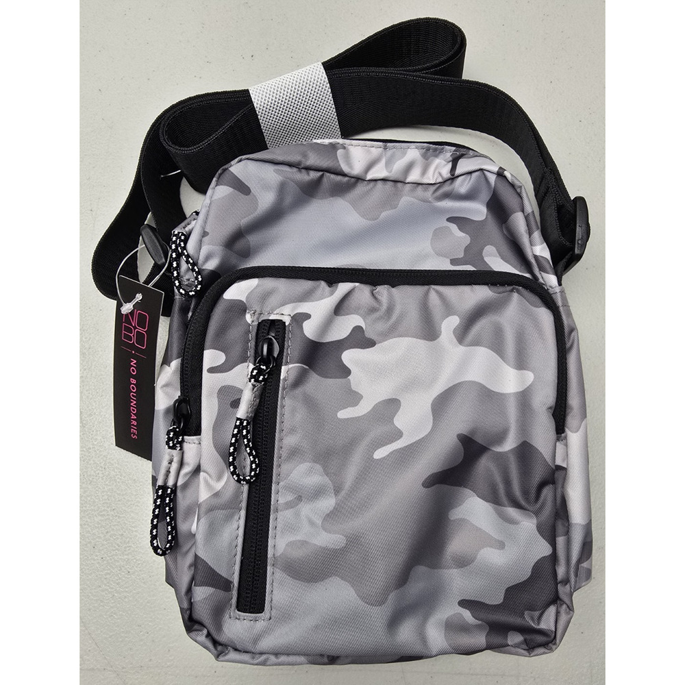 No Boundaries Gray Camo Crossbody Pouch with Black Strap